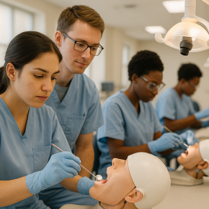 Students learning hands-on dental skills at a dental career training school during class.