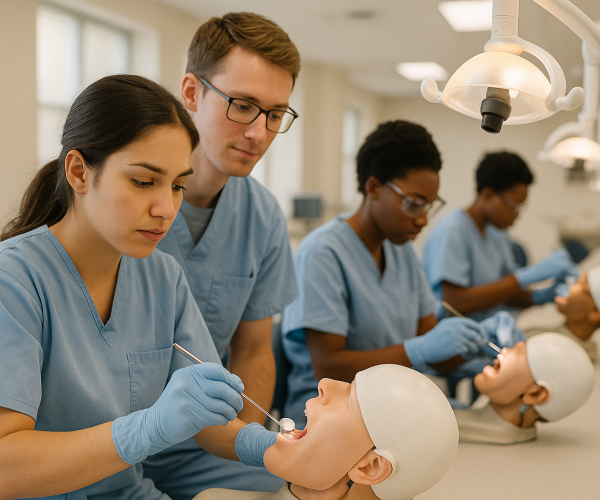 Students learning hands-on dental skills at a dental career training school during class.