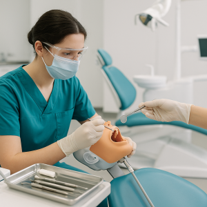 Student practicing in a dental lab during a dental assisting program.