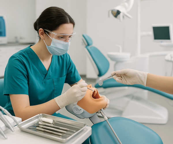 Student practicing in a dental lab during a dental assisting program.