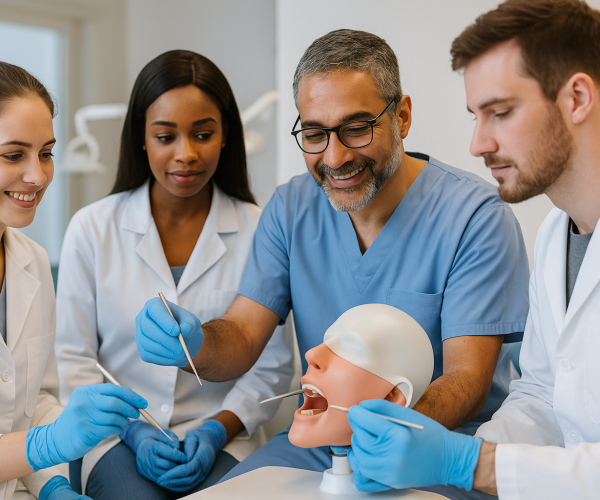 Dental career training school instructor guiding students during hands-on practice with dental tools.