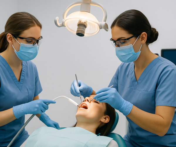 Dental assistant supporting a dentist during care after a dental assisting program.