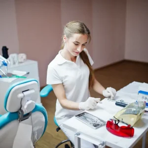 Dental assistant preparing tools in a dental clinic.