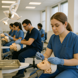 Students practicing clinical skills in a dental assisting program classroom.